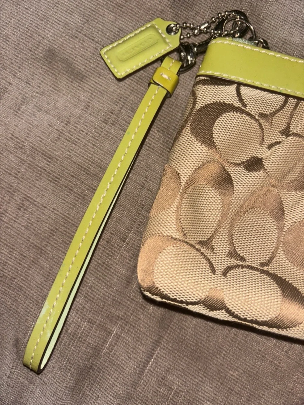 Coach Beige Signature Wristlet with Lime Trim